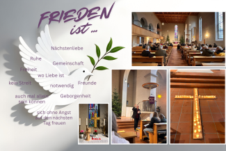 Friedenstaube mit Bildern aus dem Gottesdienst