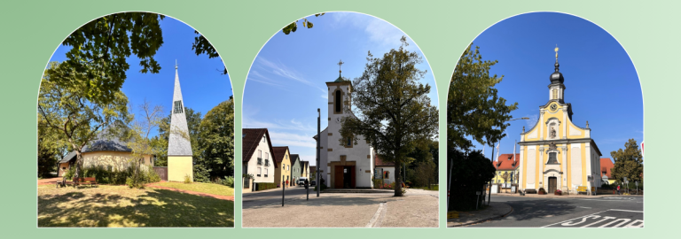 Von links nach rechts sind in drei Rundfenstern die Himmelfahrtskirche, die Markuskirche und die Elisabethenkirche abgebildet
