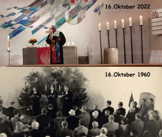 Collage von einst und heute: Weihe 1960 und Kirchweih-Gottesdienst 2022.