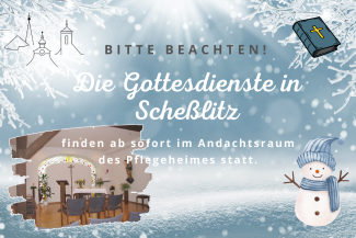 Andachtsraum im Vordergrund links, Schneemann rechts